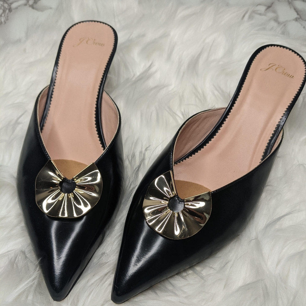 J.Crew Black Spazzo Brooch Eloise Mules Size 9